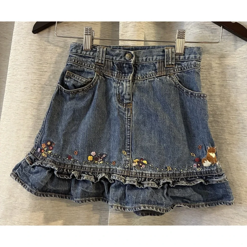 Vintage Gymboree Embroidered Denim Skirt Youth‎ Size 7 Floral Animal